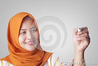 Muslim Woman Writing on Virtual Screen Cartoon Illustration