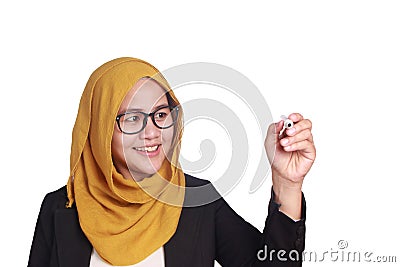 Muslim Woman Writing on Virtual Screen Cartoon Illustration