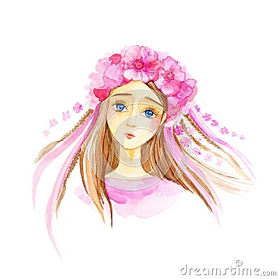 Portrait of a young beautiful girl with blue eyes,in a pink dress and a wreath of flowers on her head. Watercolor illustration Cartoon Illustration