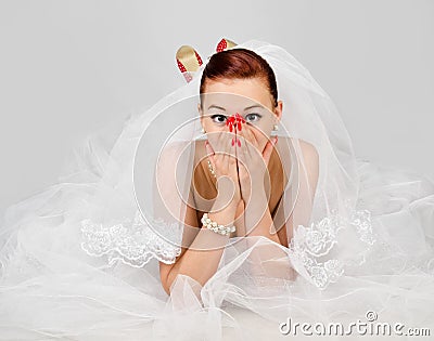 Portrait of young beautiful surprised bride Stock Photo