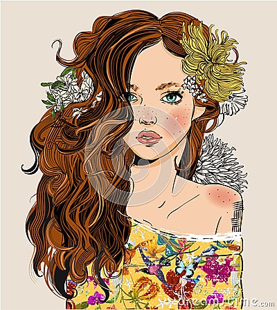 Portrait of young beautiful woman with flowers Vector Illustration