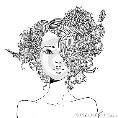 Portrait of young beautiful woman with flowers Vector Illustration