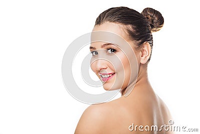 Portrait of young beautiful woman with healthy skin on white isolated background. Skin care, youth, make up Stock Photo