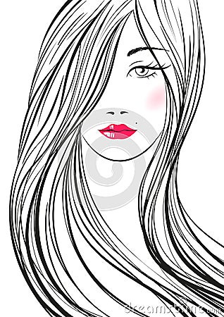 Portrait of young beautiful woman with long hair. Hand drawn girl with red lips. Vector digital drawing. Vector Illustration