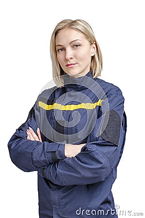Portrait of young beauty firewoman looking to the camera with folded arms Stock Photo