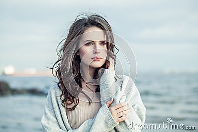 Portrait of young beauty woman with long brown hair outdoor. Romantic vacation Stock Photo