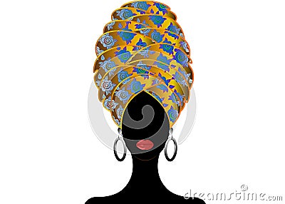 Portrait of the young black woman in a turban. Animation African beauty. Vector color illustration isolated on a white background. Vector Illustration