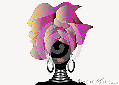 Portrait of the young black woman in a turban. Animation African beauty. Vector color illustration isolated on a white background. Vector Illustration