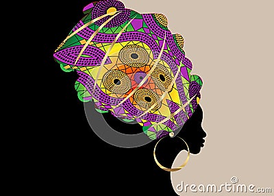 Portrait of the young black woman in a turban. Animation African beauty. Vector color illustration isolated on a white background. Vector Illustration