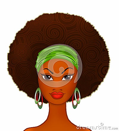 Portrait of a young black woman on white, model of fashion Cartoon Illustration
