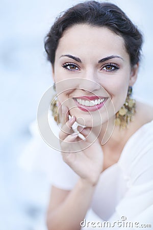 Portrait young bride with brunette hair in white wedding dress a Stock Photo