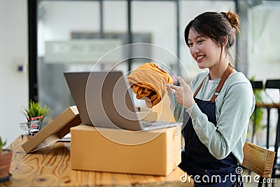 Portrait of young business asian woman online working in office desk use computer copyspace. Success business people Stock Photo