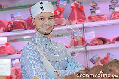 Portrait young butcher apprentice Stock Photo