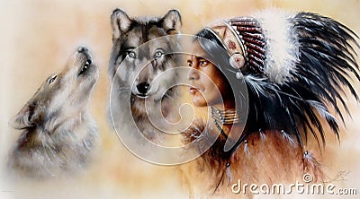 A portrait of a young courrageous indian warrior with a pair of wolves Stock Photo