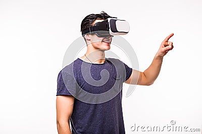 Portrait of young excited man experiencing virtual reality Stock Photo