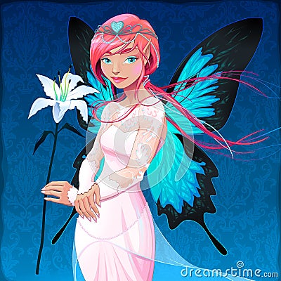 Portrait of a young fairy with a wedding dress and lilium Vector Illustration