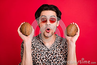Portrait of young funky good mood amazed man in sunglass hold two coconuts tropical fruit isolated on red color Stock Photo