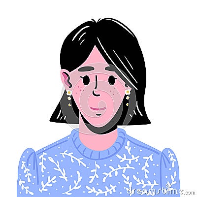 Portrait of a young girl with medium long dark hair. Vector Illustration