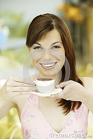 Portrait young girl porcelain white cup of coffee Stock Photo