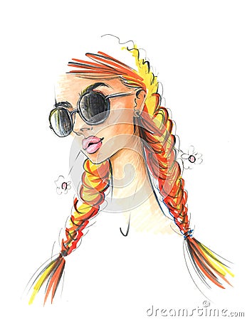 Portrait of a young girl in sunglasses and with pigtails. Cartoon Illustration