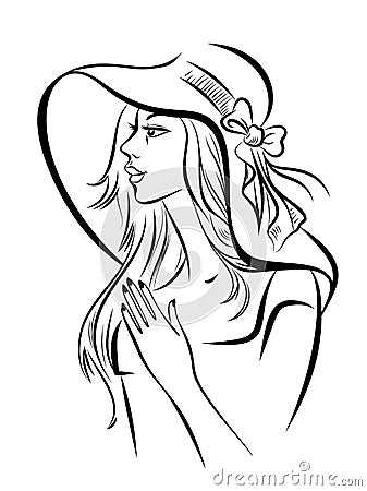 Portrait on young girl in a wide-brimmed hat. Vector Illustration