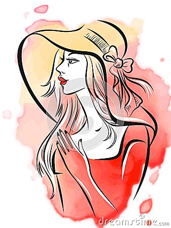 Portrait on young girl in a wide-brimmed hat. Vector Illustration