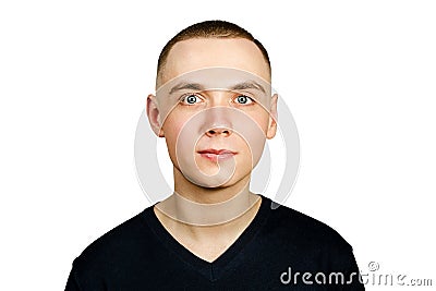 Portrait of young guy with caesar hair cut, isolated on white background Stock Photo