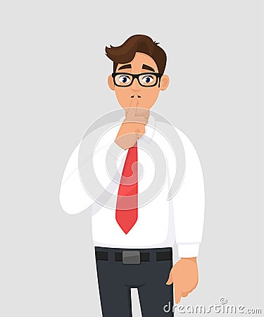 Portrait of young handsome businessman making shh gesture, keeping secret or asking silence with finger on lips. Keep quiet! Shh! Vector Illustration