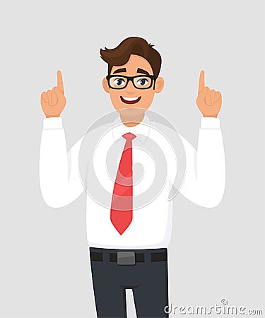 Portrait of young happy businessman pointing hand index fingers up, concept of advertisement product,introduce something. Vector Illustration