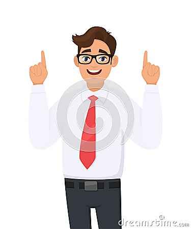 Portrait of young happy businessman pointing hand index fingers up, concept of advertisement product,introduce something. Vector Illustration