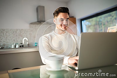 Young happy man working at home on laptop Stock Photo