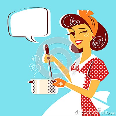 Portrait of Young housewife cooking soup Vector Illustration