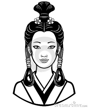 Portrait of the young Japanese girl with an ancient hairstyle. Vector Illustration