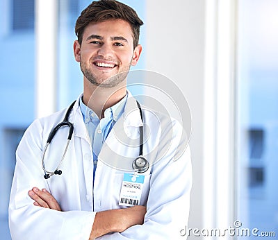 Portrait of a young male doctor in healthcare internship opportunity, career and happy hospital service. Face or Stock Photo