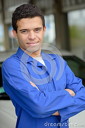 Portrait young mechanic in garage Stock Photo