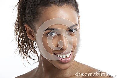 Portrait of young mixed woman with fake ugly teeth Stock Photo