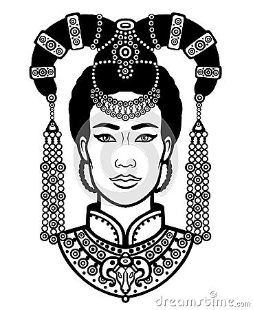 Portrait of the young Mongolian girl in a national headdress. Vector Illustration