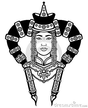 Portrait of the young Mongolian girl in a national headdress. Vector Illustration