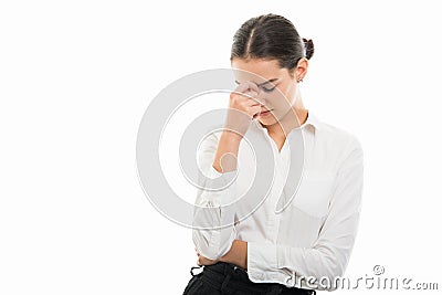 Young pretty bussines woman showing reflecting gesture Stock Photo