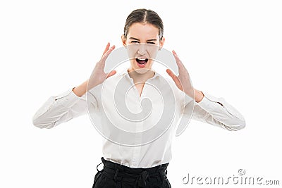 Young pretty bussines woman showing screaming gesture Stock Photo