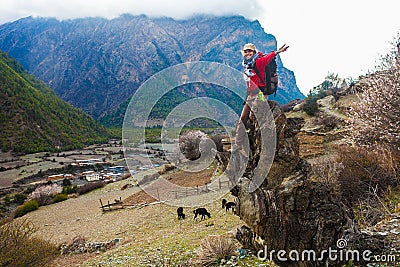 Portrait Young Pretty Girl Wearing Red Jacket Himalays Mountains.Asia Nature Morning Viewpoint.Mountain Trekking,View Stock Photo