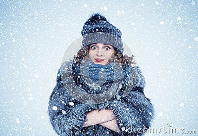 Portrait of a young pretty happy woman in a silver fox fur coat on a background of snow Stock Photo