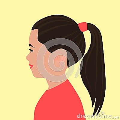 Portrait of young pretty woman in profile. Head of beautiful european girl. Long hair pulled in ponytail. Lips and blouse are red Vector Illustration