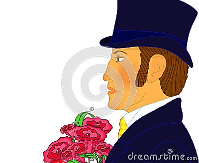 Portrait of the young romantic gentleman with a bunch of flowers Cartoon Illustration