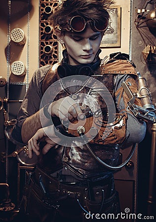 Portrait of a young scientist in the steampunk style. Stock Photo