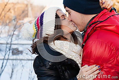 Portrait of young sensual couple in cold winter wather. Stock Photo