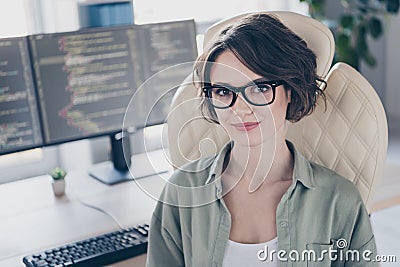 Portrait of young smart intelligent business lady working on new project start-up create websites programming in office Stock Photo