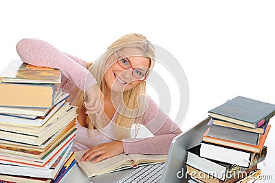 Portrait of young student woman with lots of books Stock Photo