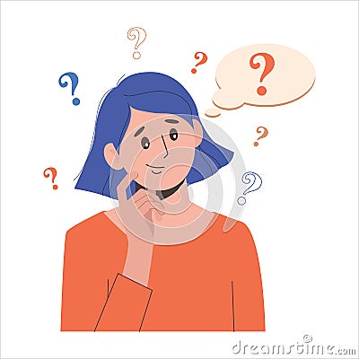 Portrait of young troubled woman. Girl with question mark in think bubble. People thinking or solving problem. Dilemma Vector Illustration