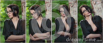 Portrait of young woman in black silk dressing gown, leaning against the wall. Beautiful seductive short-haired woman, posing Stock Photo